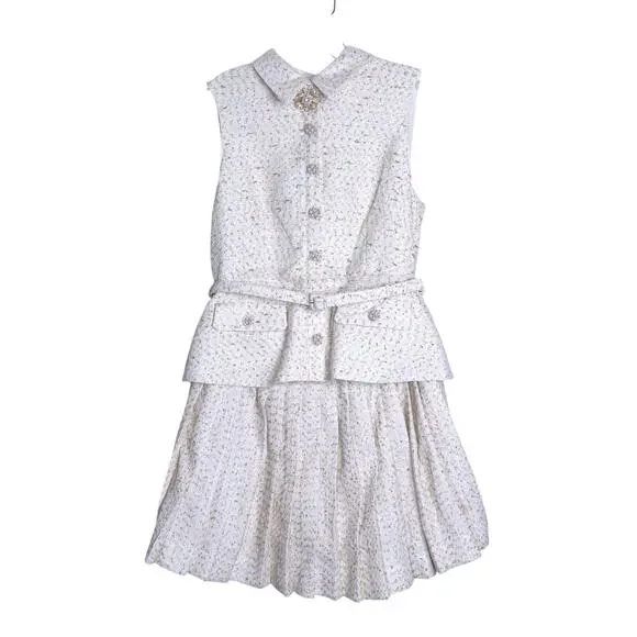 SELF-PORTRAIT Cream Metallic Boucl Mini Dress Sleeveless Belted Women's 10 SELF-PORTRAIT Cream Metallic Boucl Mini Dress Sleeveless Belted Women's 10